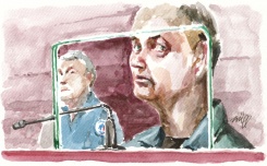 Ce dessin d’audience réalisé le 19 mai 2026 montre l’Allemand Martin Ney, accusé d’enlèvement et du meurtre du petit Jonathan Coulom, 10 ans, disparu en avril 2004, dans la salle d’audience lors du premier jour de son procès à Nantes - © AFP - ZZIIGG