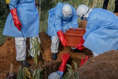 Des volontaires déposent le cercueil d’un enfant de 3 ans, présumé mort d'Ebola, lors de ses funérailles dans un cimetière de Bunia, le 11 juin 2026 en RDC - © AFP - Benediction MURHABAZI Des volontaires déposent le cercueil d’un enfant de 3 ans, présumé mort d'Ebola, lors de ses funérailles dans un cimetière de Bunia, le 11 juin 2026 en RDC - © AFP - Benediction MURHABAZI