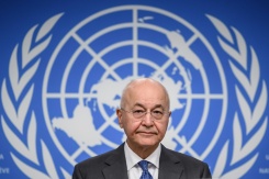 Le Haut-Commissaire aux réfugiés Barham Salih lors d'une conférence de presse le 9 juin 2026 à Genève - © AFP - Fabrice COFFRINI Le Haut-Commissaire aux réfugiés Barham Salih lors d'une conférence de presse le 9 juin 2026 à Genève - © AFP - Fabrice COFFRINI