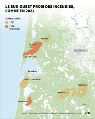 Le Sud-Ouest proie des incendies, comme en 2022 - © AFP - Jean-Michel CORNU, Sylvie HUSSON Le Sud-Ouest proie des incendies, comme en 2022 - © AFP - Jean-Michel CORNU, Sylvie HUSSON